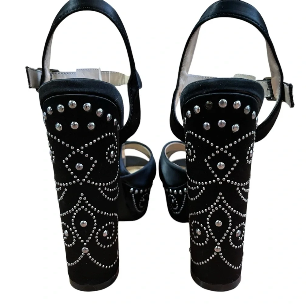 Chic Black Satin Platform Heel Sandals with Silver Studded Accents Ankle strap